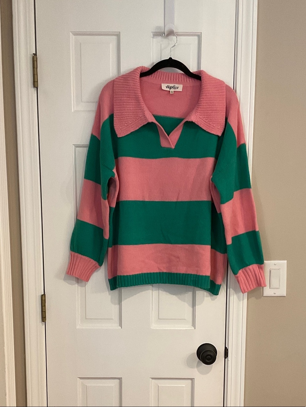 Hayden Pink & Green Striped Collared V-Neck Sweater